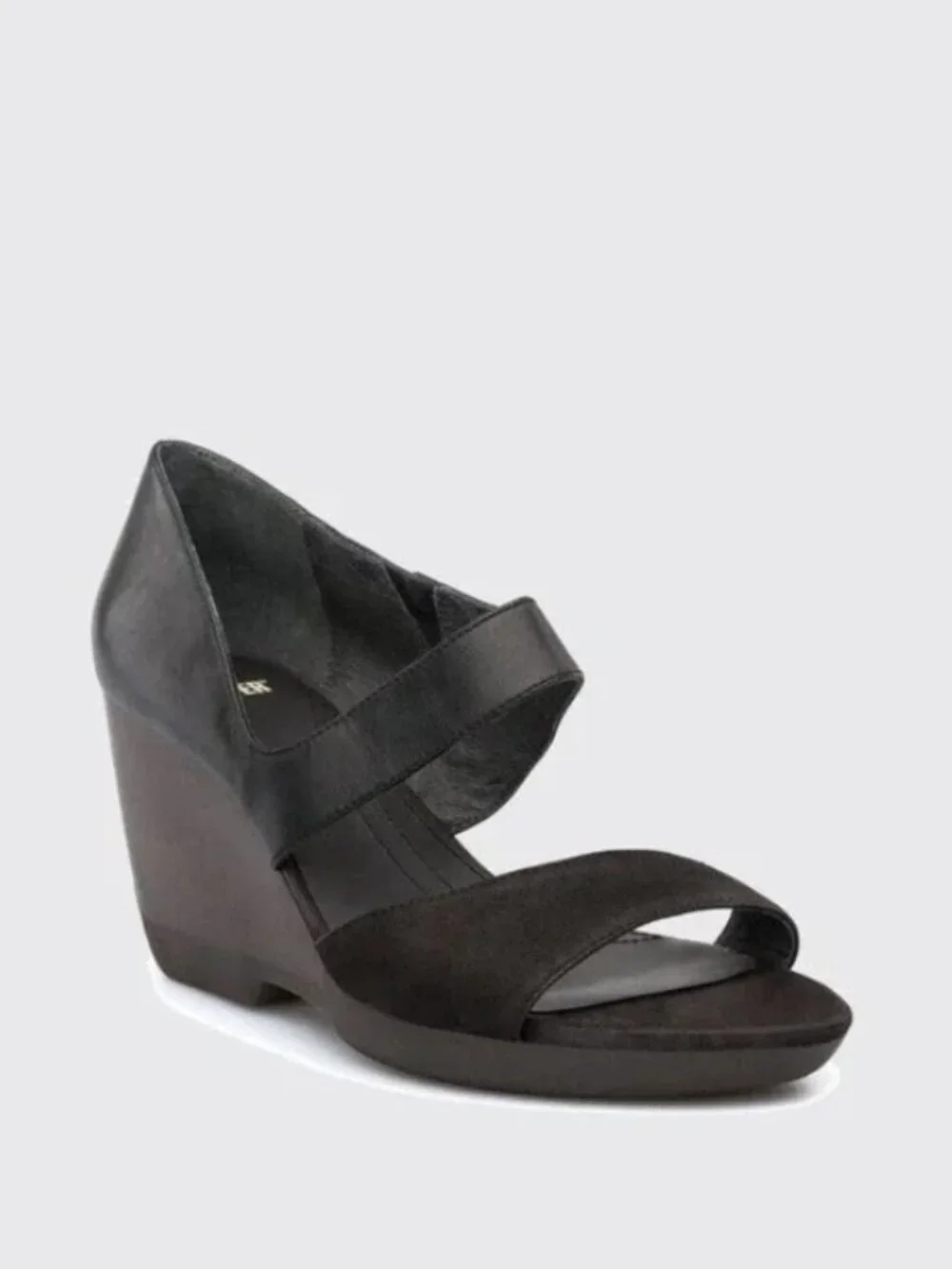Camper Laura Black Woman Sandals Leather Wooden Heel Suede Wedges Size 39